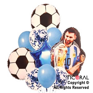 SET DE GLOBOS METALIZADOS ARGENTINA MESSI CON COPA Y LATEX CON CONFETI x 10 UNIDADES